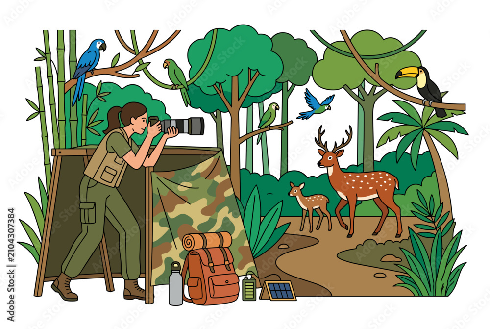 Obraz premium Wildlife photography expedition in tropical forest capturing birds and deer conservation concept