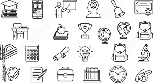 Konstfotografi Comprehensive School Education and Graduation Mega Line Icon Set with Books Teac