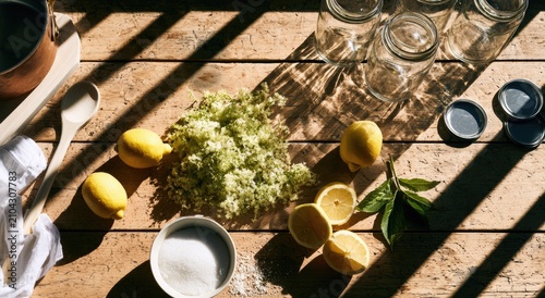Ingredients for preserving and preparing homemade fruit cordial in bright sun