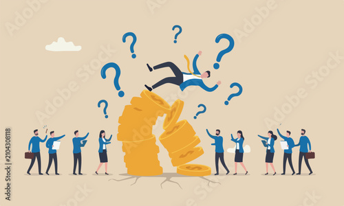 Quadro su tela Financial bankruptc, businessman investor falling from stack unstable money coin