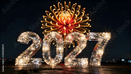 Illuminated 2027 numbers with a bright firework display in the night sky for New Year celebration.