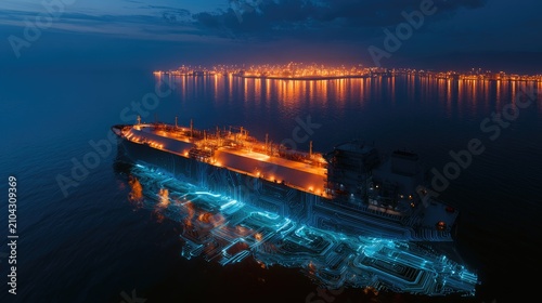 Large ship illuminated at dusk with glowing energy beneath the waves