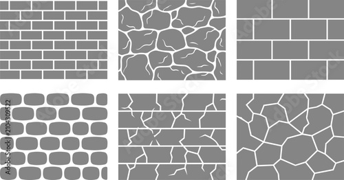 Set of six distinct vector graphic wall patterns featuring various stone brick and concrete textures