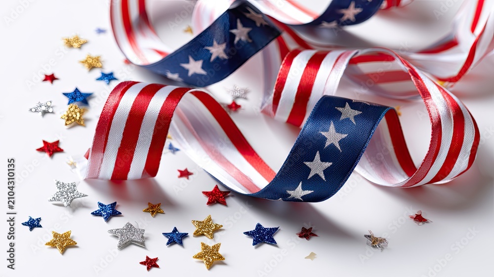 Fototapeta premium Festive patriotic ribbons and star confetti scattered on a white surface