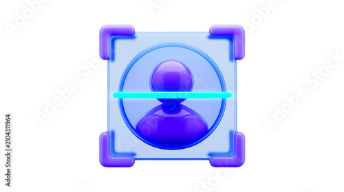 3D Facial recognition scanning icon featuring a glossy purple user avatar profile symbol on transparent background