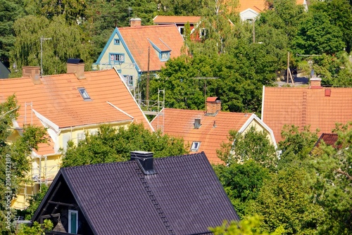A aerial view of rooftops in a swedish city