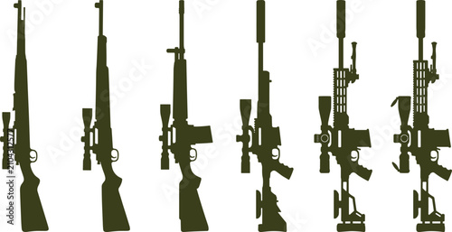 Bild auf Leinwand Military Sniper Rifle and Tactical Assault Weapon Silhouette Icon Set Featuring