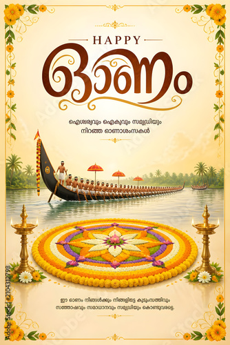 Onam celebration Malayalam greeting with Pookalam brass lamps Kerala backwaters illustration background design