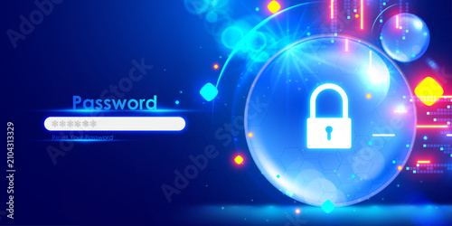 Digital security lock concept featuring glowing padlock icon for password protection and cyber safety systems on blue background.