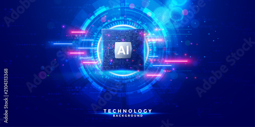 Konstfotografi Glowing artificial intelligence microchip processor integrated into digital technology circuit board for advanced computing