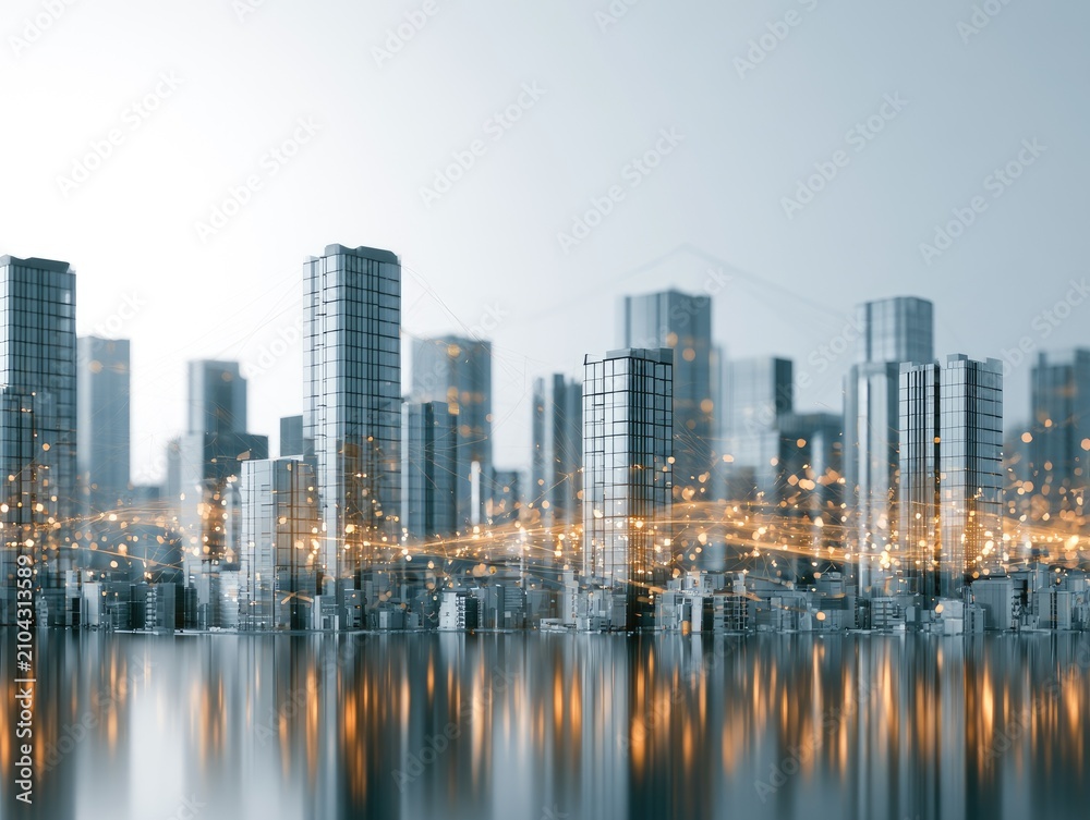 Obraz premium Futuristic cityscape with glowing connections and reflections