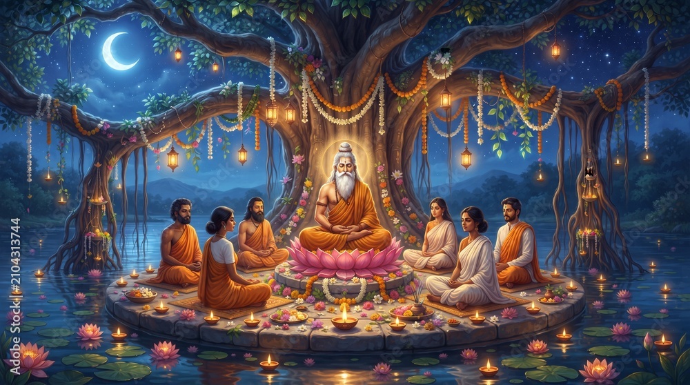 Fototapeta premium Happy rishi panchami celebration with holy sages meditating under a large tree beside a flowing river