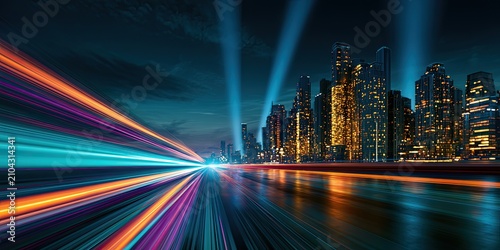 Streaking lights of neon colors illuminate a futuristic city skyline at night