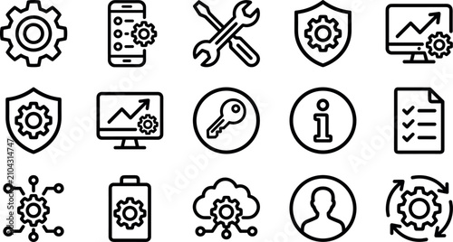 Technical Support and System Optimization Line Icon Set with Configuration Gears Screwdriver Wrench Cloud Settings Shield Security and Checklist Vectors for Software Apps