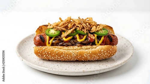 Delicious Sausage Hot Dog with Crispy Onions Jalapeno and Cheese