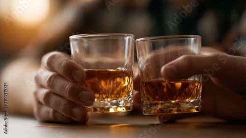 Two hands holding amber whiskey glasses for a sophisticated toast, celebrating a moment of connection in warm, inviting light.