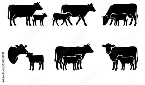 Fotografija Cow and Calf Silhouette Vector Icon Set Featuring Cattle Breeding Pairs for Dair