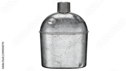 Metal water canteen with simple design displayed on white surface