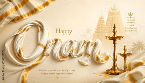 Onam celebration Kasavu fabric typography with brass lamp festive illustration background wallpaper