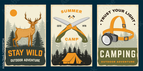 Vintage wilderness adventure vector posters. Retro camping emblems with deer, folding saw, headlamp flashlight. Outdoor exploration design templates