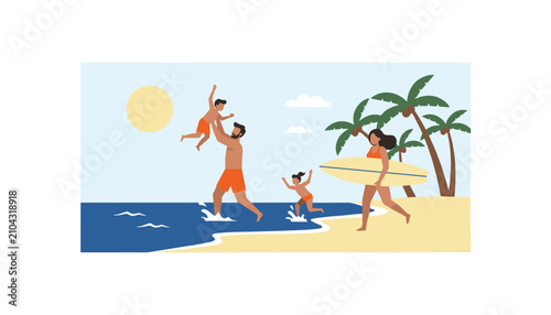 Family spending time at the beach with a father lifting his son and mother holding a surfboard near palm trees.