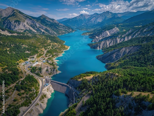 Aerial view of serre-poncon lake dam in french alps mountain landscape with mountain reservoir landscape hydroelectric infrastructure forestry panoramic environment outdoors elevation