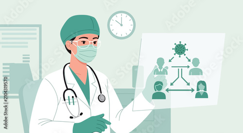 Doctor holding viral transmission diagram, medical research, infographic