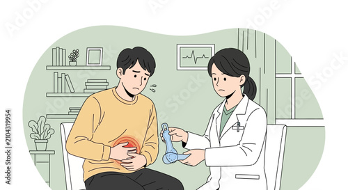 Doctor discussing stomach pain with worried patient in a clinic examination room.