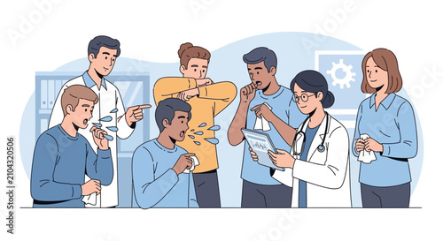 Group of people coughing and sneezing in doctor's office, illness concept