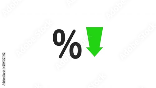 Percentage symbol with green down arrow representing discount rate and price decrease