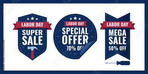 Labor Day sale badges in navy blue and red featuring hammer and screwdriver for holiday retail promotions