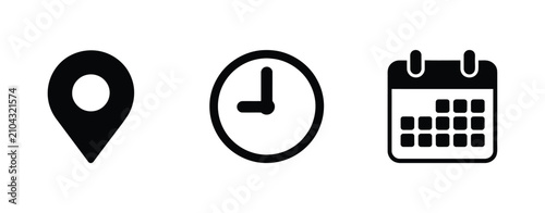 Date time location notification icon with calendar, clock, address pin, bell alert, appointment reminder, and vector illustration