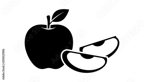 Apple with a Bite Taken Out of It, Black and White Illustration of a Fruit with a Leaf and a Bite Mark
