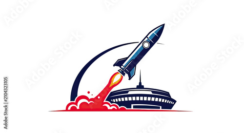 Space rocket launch over city skyline for tech startup.