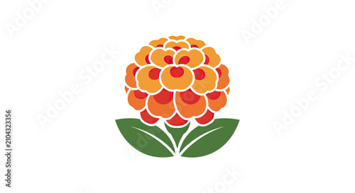 Stylized orange and red flower with green leaves.