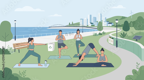 People practicing yoga in a park by the water with city skyline background
