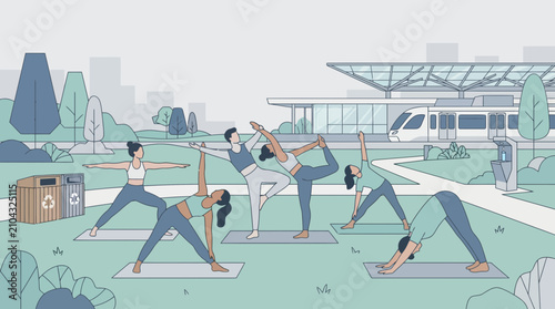 Urban Yoga Class in Park with Modern Train Station Background