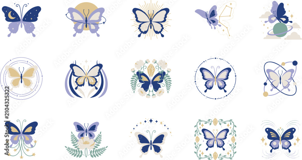 Fototapeta premium Mystical celestial butterfly vector icon set with magic moon stars and floral elements for logo design