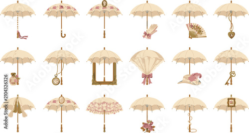 Bild auf Leinwand Vintage victorian lace parasol umbrella vector illustration set with elegant ant
