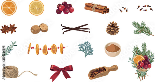 Foto Winter holiday mulled wine ingredients vector element set featuring dried citrus