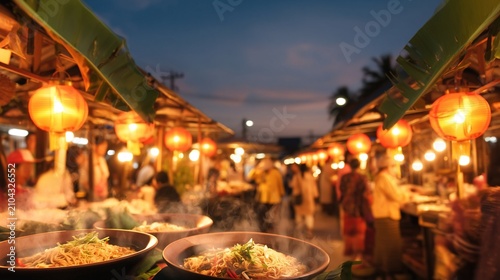 Top down drone view of vibrant market stalls in Thailand