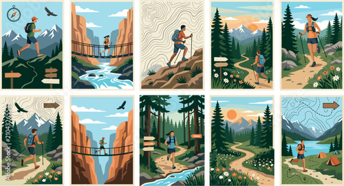 Obraz na płótnie Adventure hiking and trail running poster vector set featuring mountain landscap
