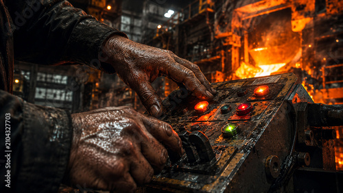 Fotografía Steelworker operating industrial control panel in front of molten metal furnace