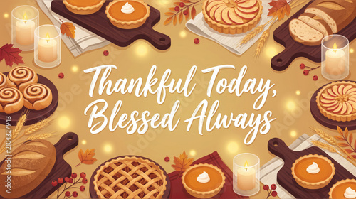 Thanksgiving pies and fresh breads are arranged on a decorated table to celebrate the spirit of gratitude and abundance.
