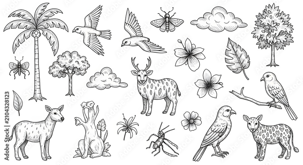Obraz premium Cute Wild Animals Collection Set with Cartoon Birds Cats Owls Fish and Butterflies Vector Illustration Design for Nature Seamless Pattern and Kids Artwork