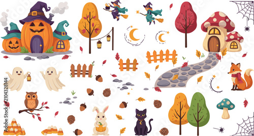Quadro su tela Cute Halloween fairy tale village vector icon set with witch flying ghost pumpki