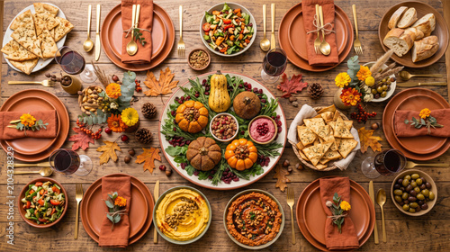Formal dining table displays a variety of seasonal dishes and elegant place settings prepared for an autumn harvest holiday celebration.