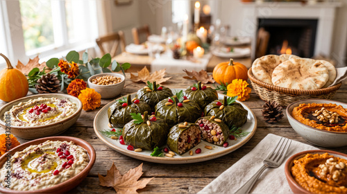 Stuffed grape leaves arranged in a pumpkin shape centerpiece highlight this traditional Mediterranean feast served on a wooden dining table.