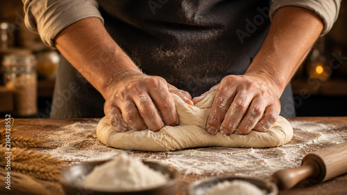 Cuadro en lienzo Baker kneading fresh bread dough on floured wooden table in bakery