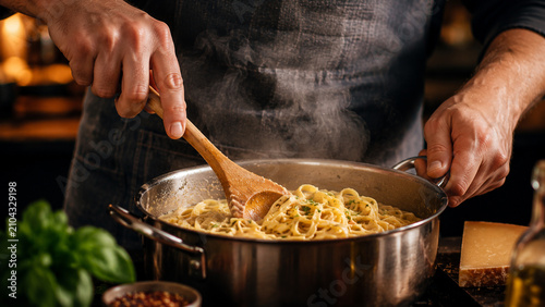 Fotografija Chef stirring steaming fettuccine pasta in stainless steel pan with wooden spoon